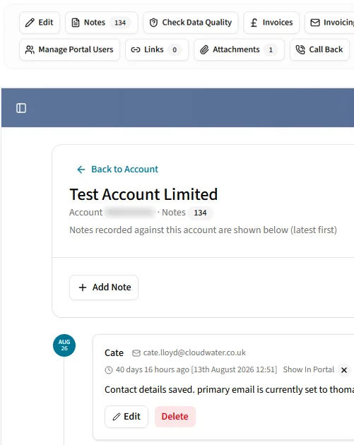 The notes on a customer account in Edge, below the account toolbar with its Notes, Links and Attachments buttons: an Add Note button above each note with its author, time and text