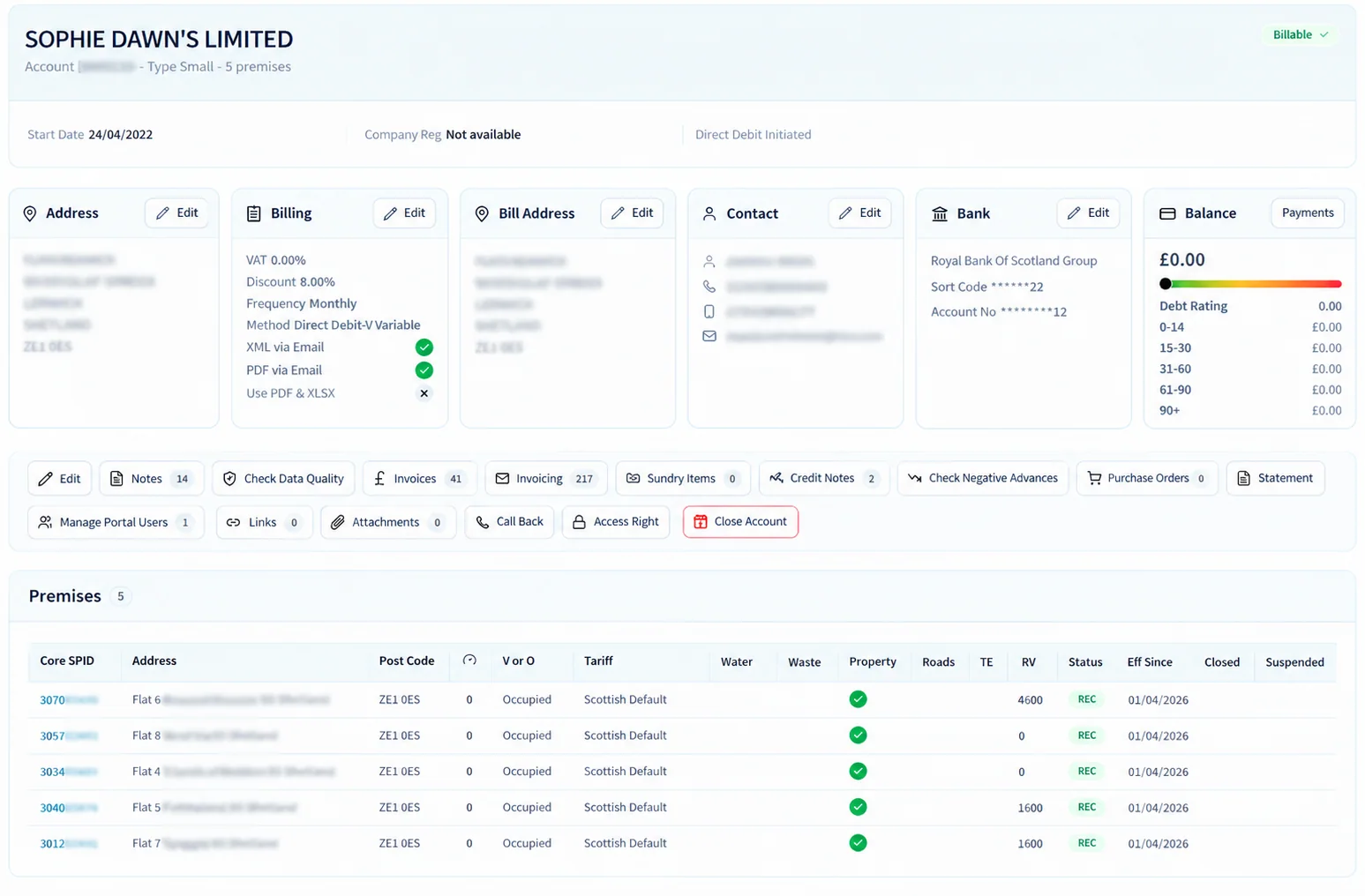 A customer account in Edge: its address, billing, bill address, contact, bank and balance cards above the account actions, and its premises listed by core SPID with their address, postcode, occupancy, tariff, services, rateable value, status and effective date