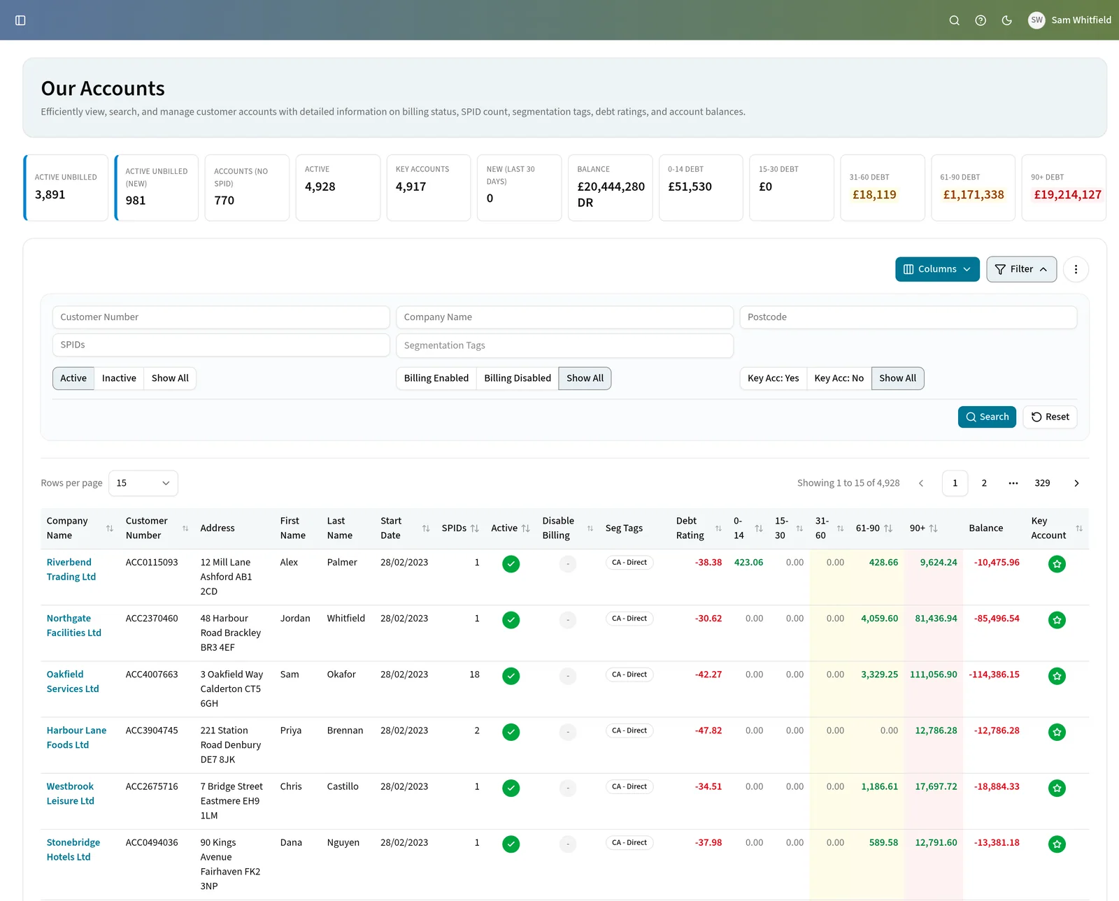 The Edge customer accounts screen, with balance and aged-debt totals above a debt rating and aged balances for each account