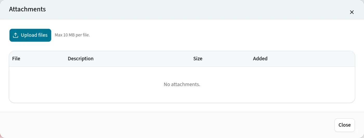 The Attachments dialog on an account, with an Upload files button, a 10 MB per file limit and an empty file list