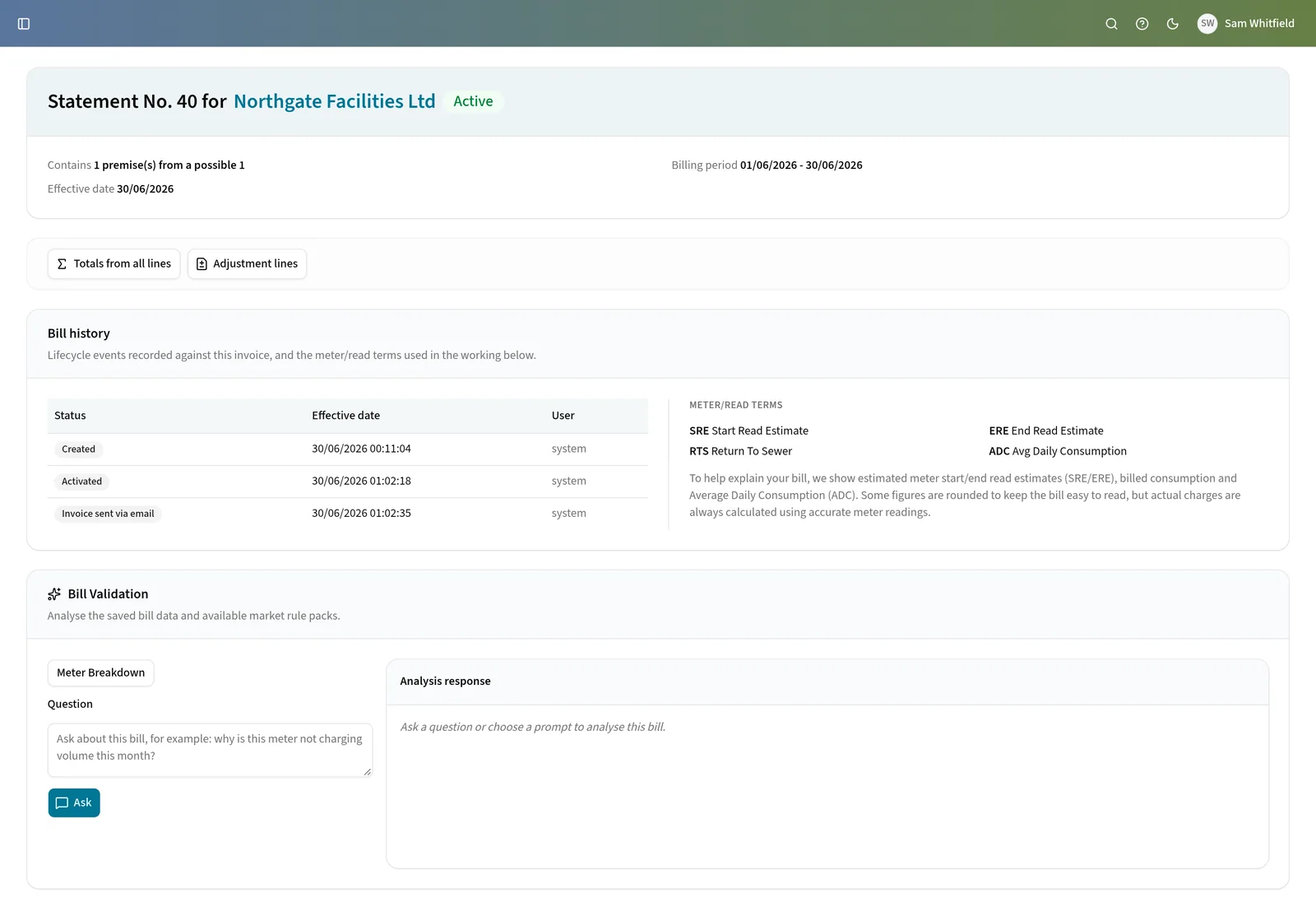 A statement in Edge, with its bill history above the Bill Validation panel for asking questions about the bill