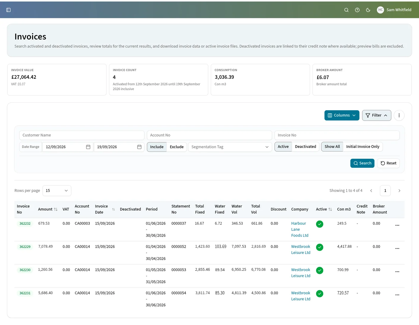 The Edge invoices screen, with invoice value, count and consumption totals above a searchable invoice table