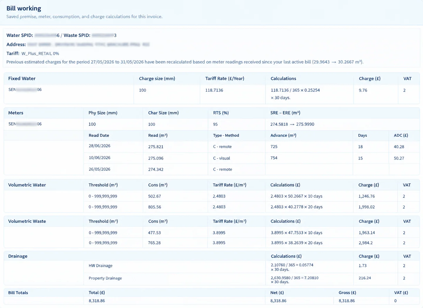 The working behind an Edge bill: the fixed water charge, the meter reads with the average daily consumption between each pair, the volumetric water and waste charges calculated from it, the drainage charges and the bill totals