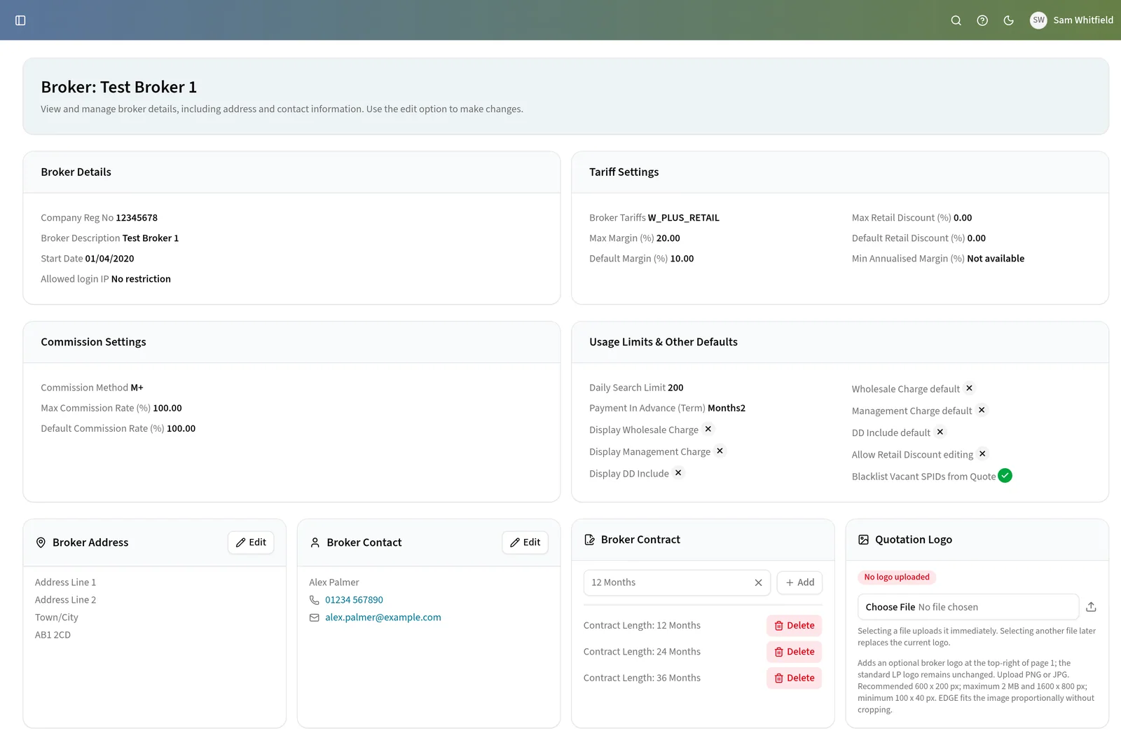 A broker profile in Edge, with company details, tariff and commission settings, usage limits, address, contact, contract lengths and quotation logo