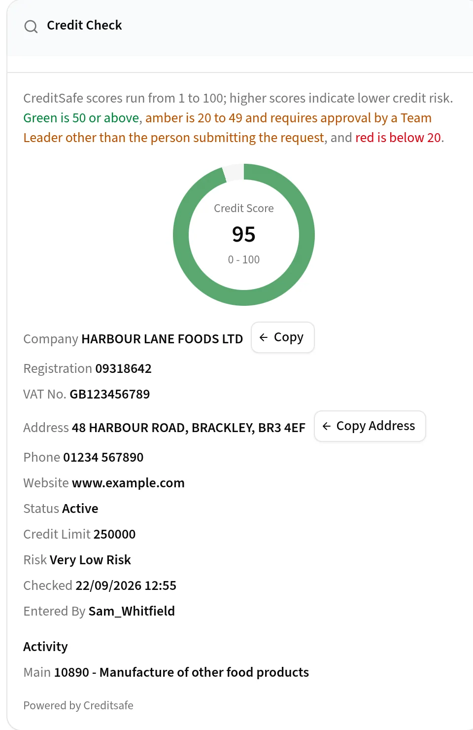 A Creditsafe credit check on a quotation, with a credit score of 95 out of 100 above the company’s registration, VAT number, address, credit limit and risk