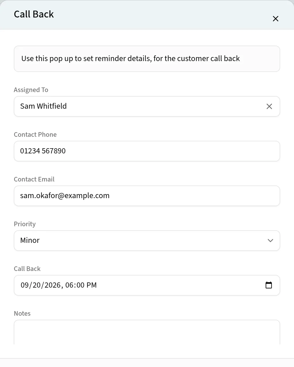Call Back dialog fields for the colleague it is assigned to, contact phone and email, a priority of Minor and the call back date and time