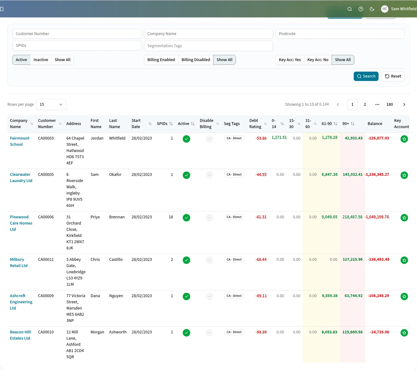 The Edge customer accounts screen, showing a debt rating and aged balances for each account