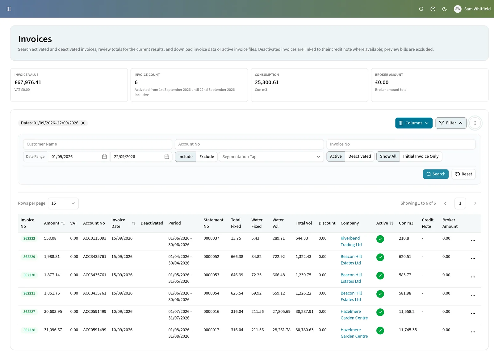 The Edge invoices screen, with invoice value, count and consumption totals above a searchable invoice table