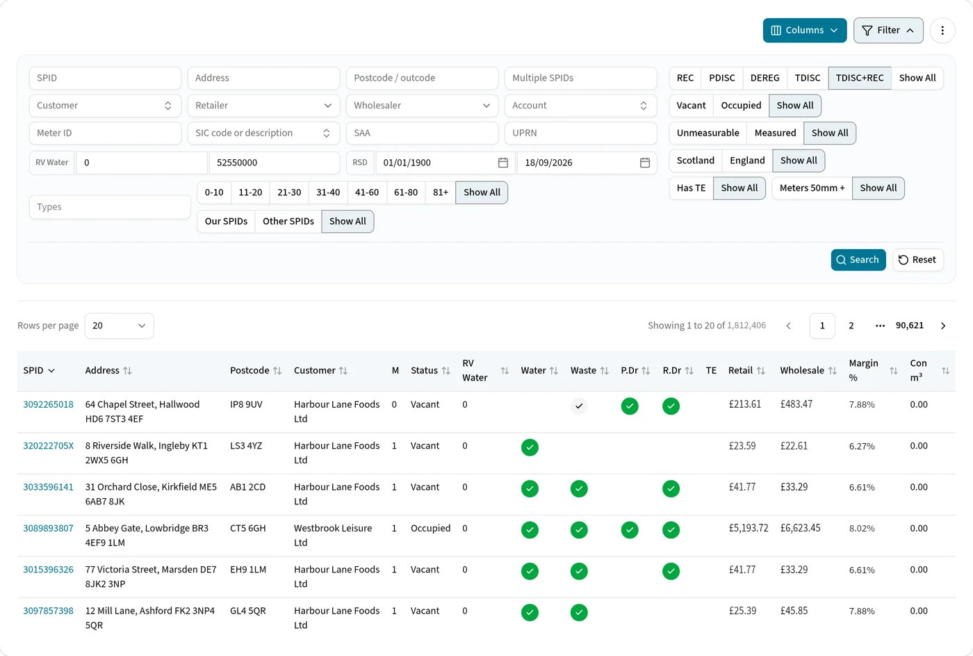 The Edge market analyser, searching market supply points with retail cost, wholesale cost and margin for each