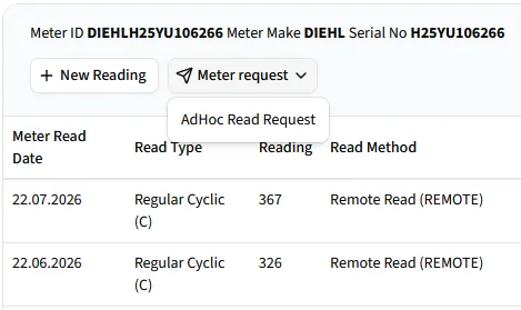 The readings for a meter in Edge, with the Meter request menu open on AdHoc Read Request above each read date, read type, reading and read method