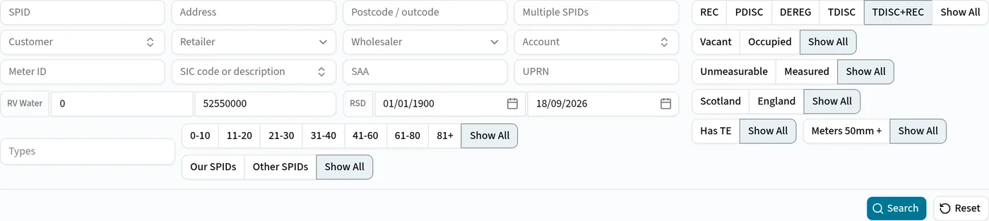 Market search filters including customer, retailer, wholesaler, SIC code, rateable value range, postcode, region and SPID status