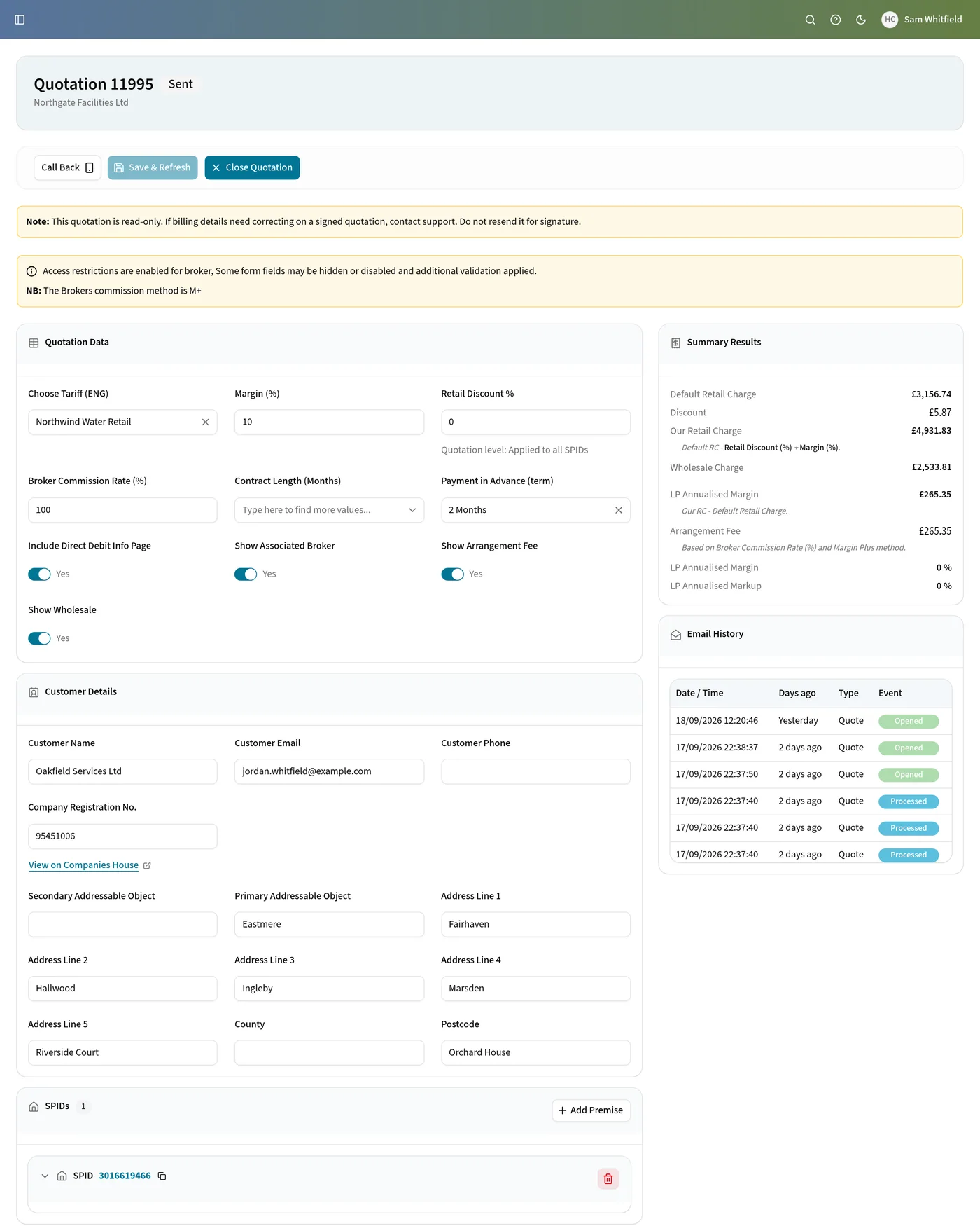 Summary results on a broker quotation: retail charge, discount, wholesale charge, LP annualised margin and an arrangement fee based on the broker commission rate