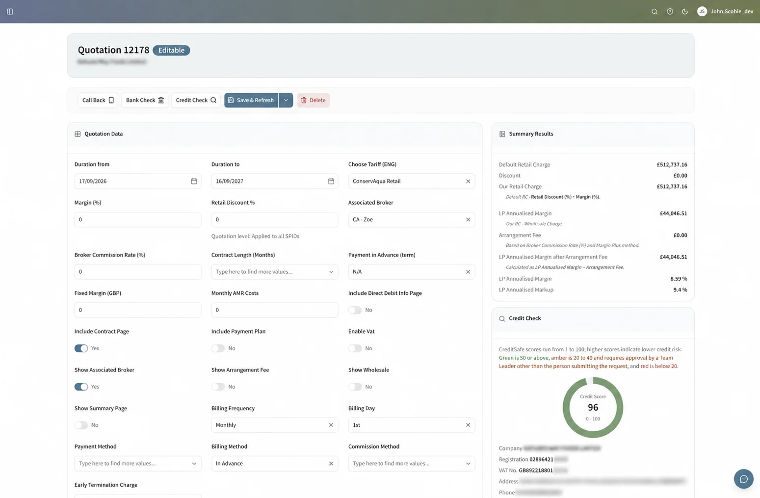 A quotation in Edge in the Editable state: duration, tariff, margin, broker, billing and payment options beside summary results for the retail charge and annualised margin, and a Creditsafe credit score of 96