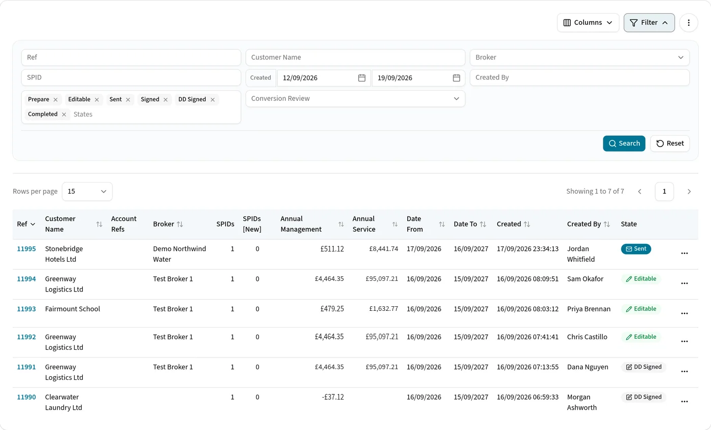 The Edge quotations screen, listing quotes with their broker, annual values and state from editable to signed