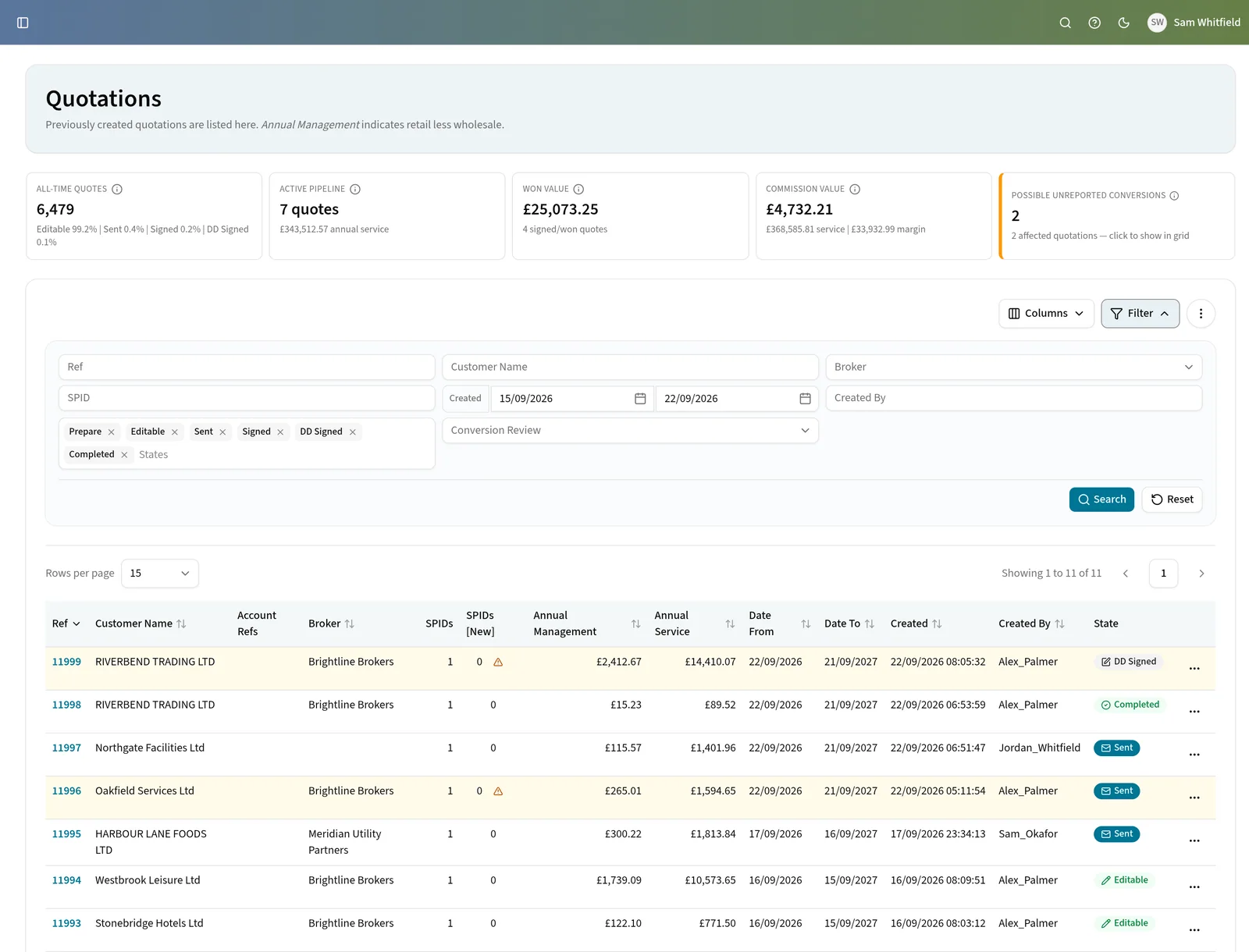The Edge quotations screen, with pipeline and won-value totals above a list of quotes giving each broker, annual values and state