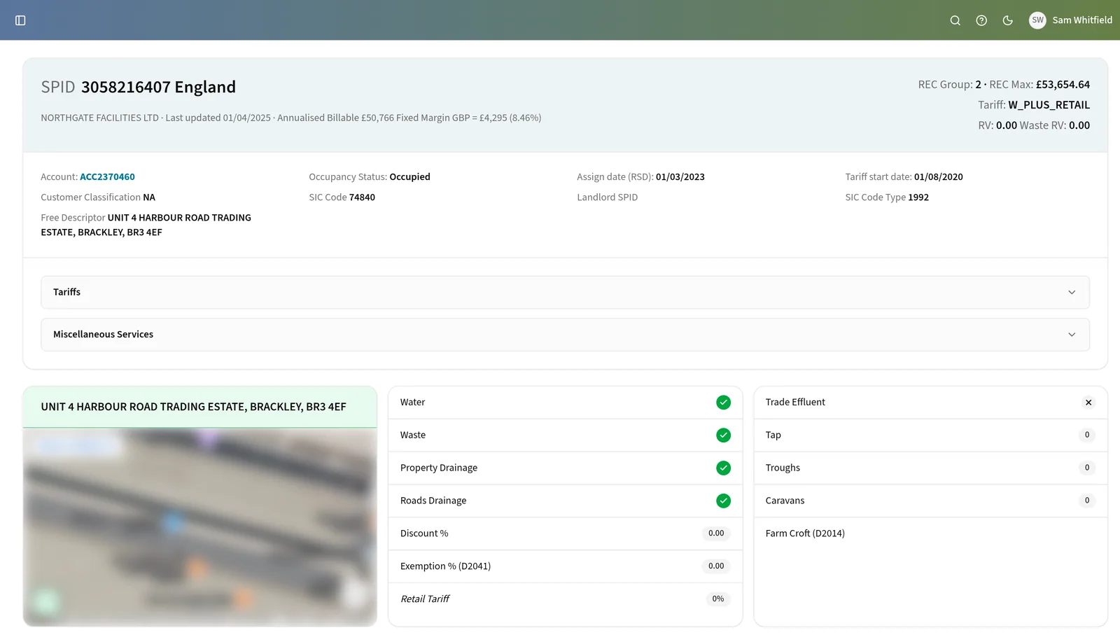 A SPID in Edge, showing its account, occupancy status, assign date and free descriptor above the tariffs section, premise address and services