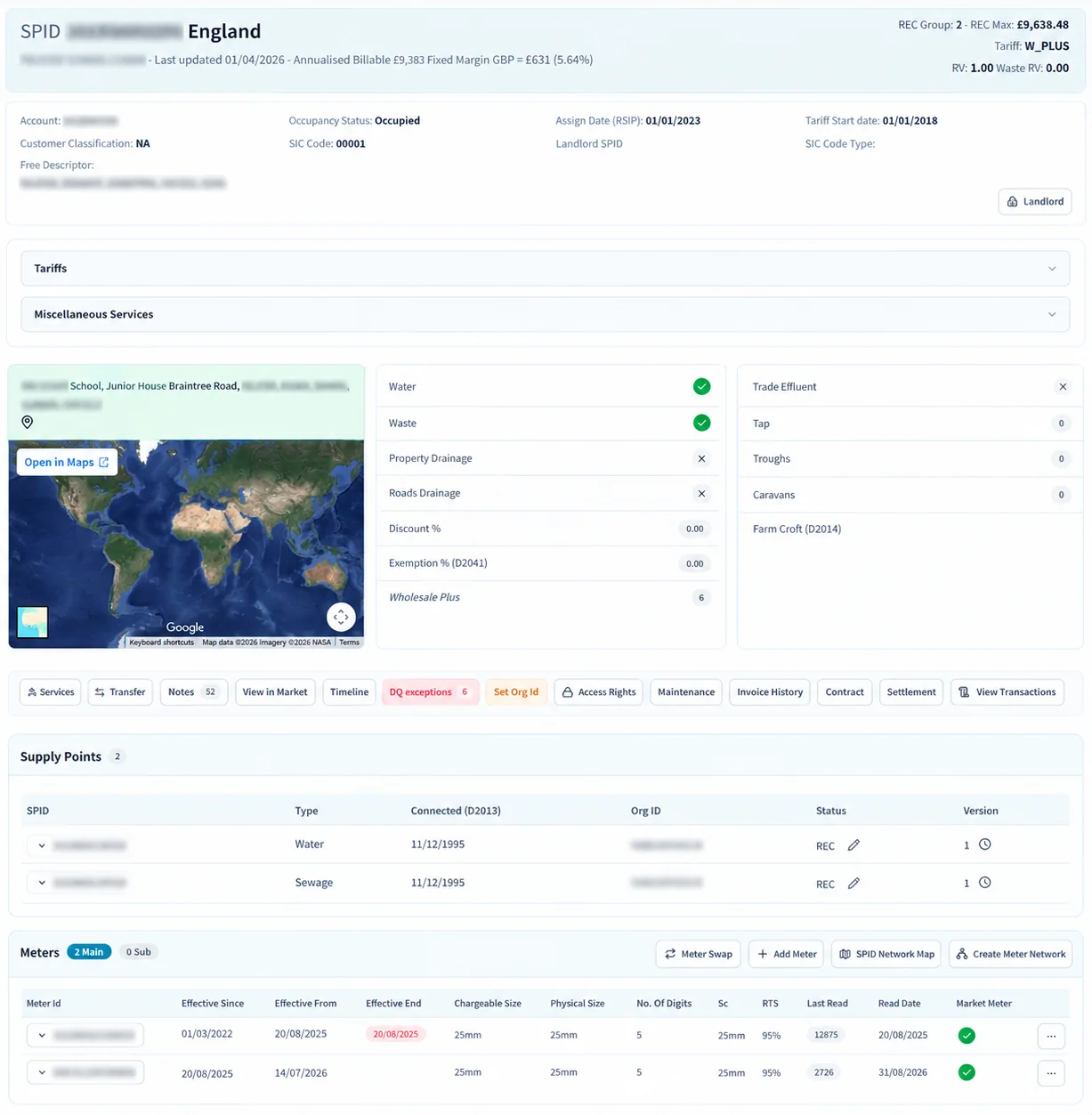 A SPID in Edge: its REC group, tariff and annualised billable value above the account, occupancy status and assign date, the premise on a map beside the services it takes, the actions available on it, and its supply points and meters