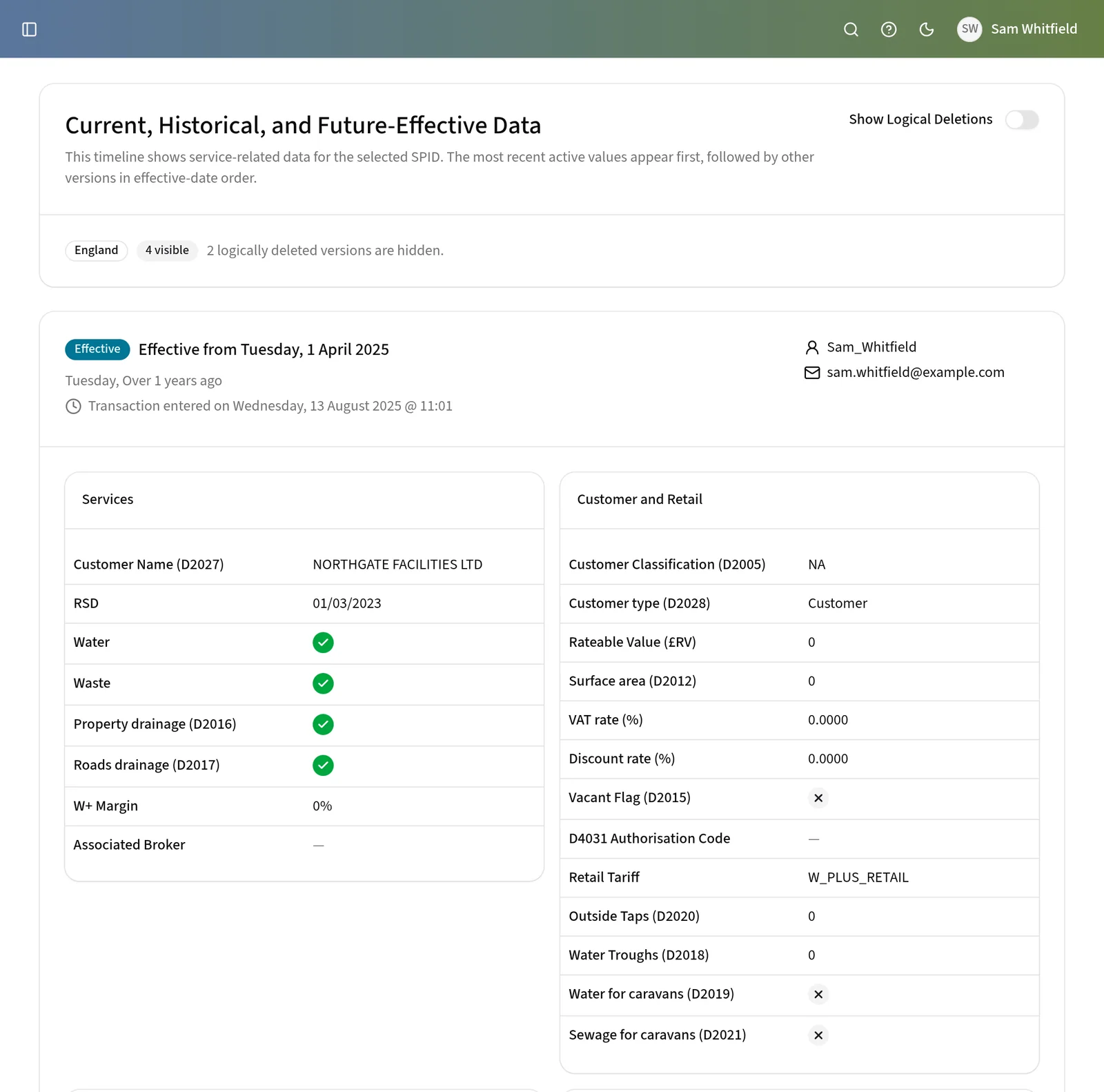 The current, historical and future-effective data for a SPID, showing the services and customer values effective from a given date and when the change was entered