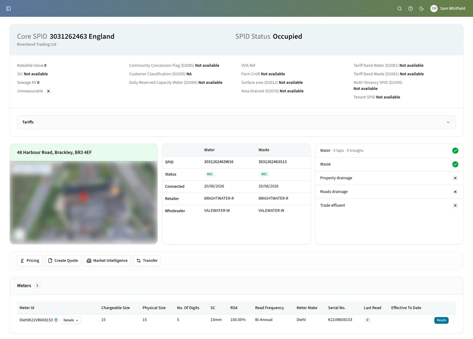 A supply point in Edge, showing its occupancy status, premise address, water and waste supply points with their retailer and wholesaler, the services it takes and its meters