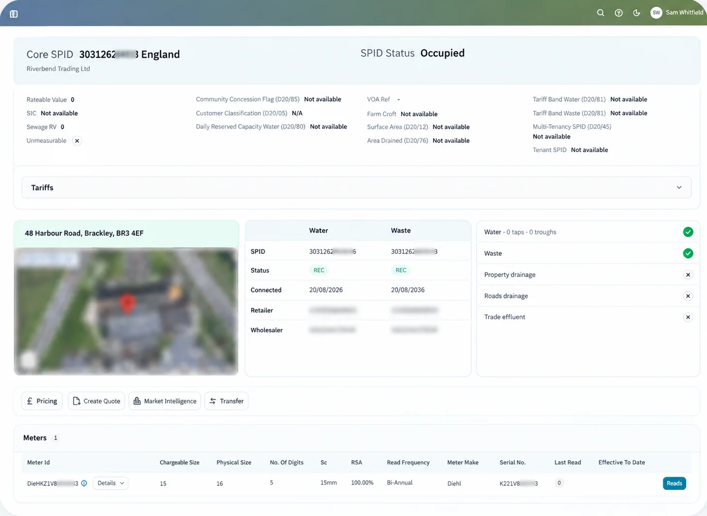 A supply point in Edge, showing its occupancy status and market attributes, premise address, water and waste supply points with their status and connection date, the services it takes and its meter