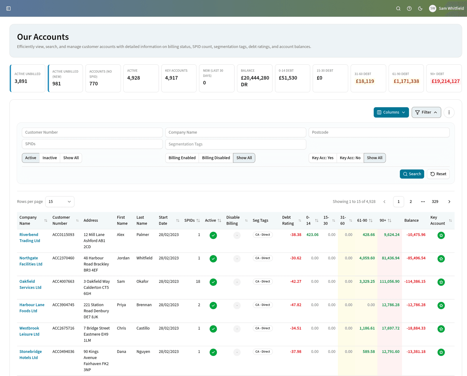 The Edge customer accounts screen, with balance and aged-debt totals above a debt rating and aged balances for each account