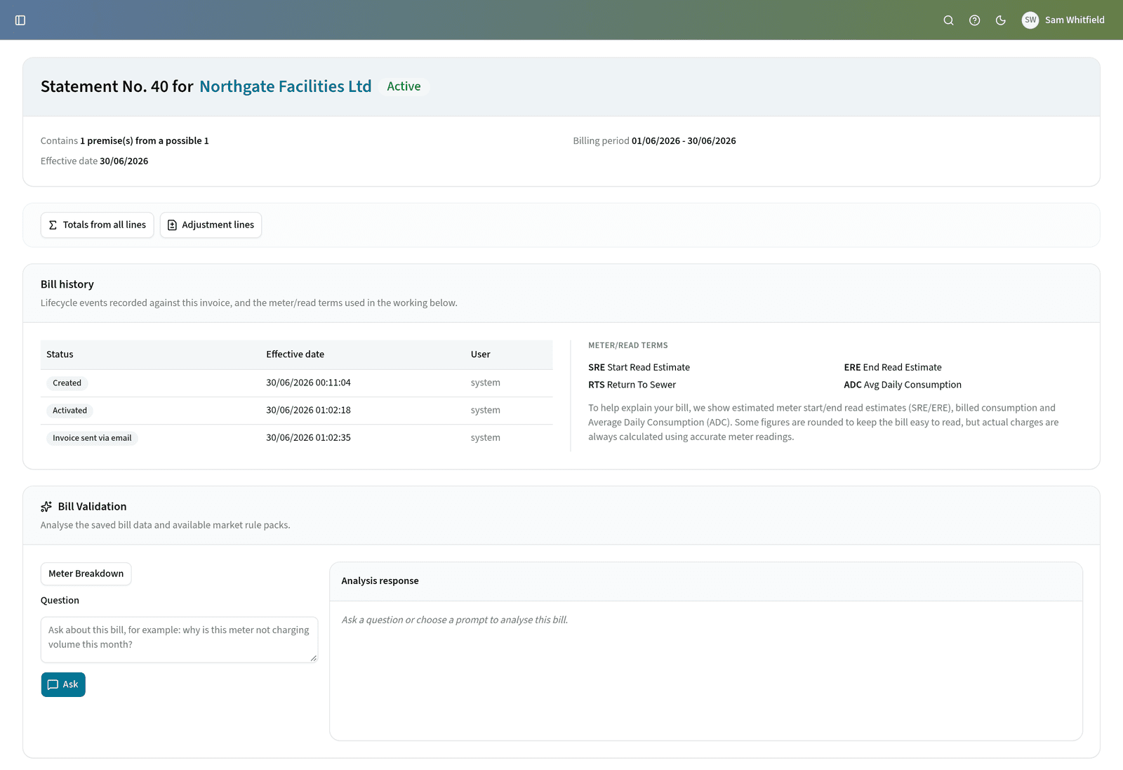 A statement in Edge, with its bill history above the Bill Validation panel for asking questions about the bill