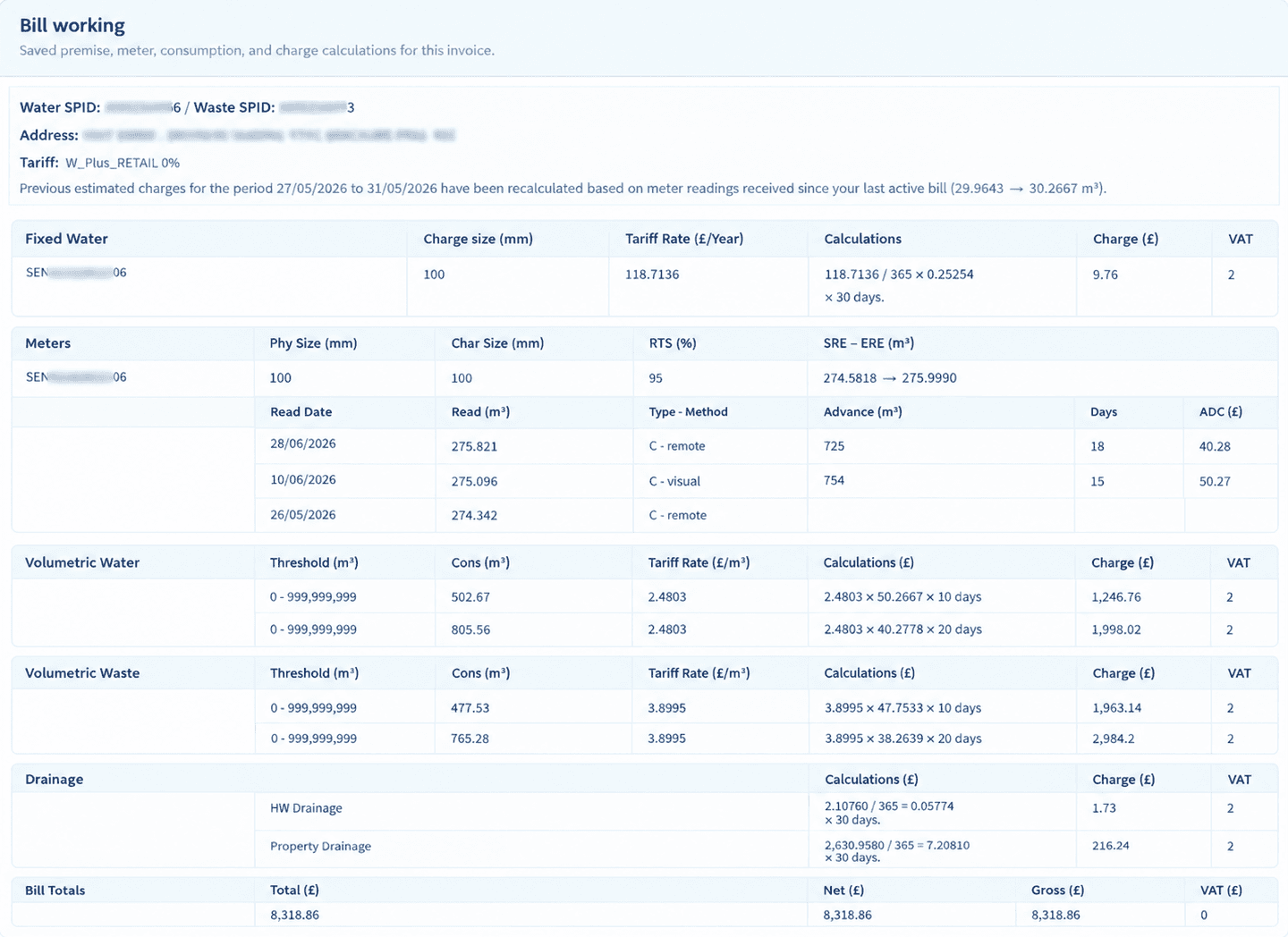 The working behind an Edge bill: the fixed water charge, the meter reads with the average daily consumption between each pair, the volumetric water and waste charges calculated from it, the drainage charges and the bill totals