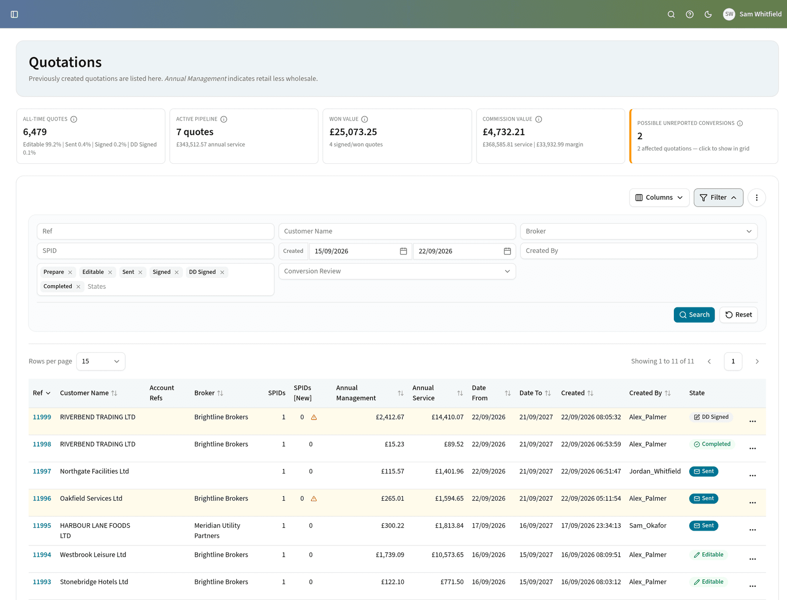 The Edge quotations screen, with pipeline and won-value totals above a list of quotes giving each broker, annual values and state
