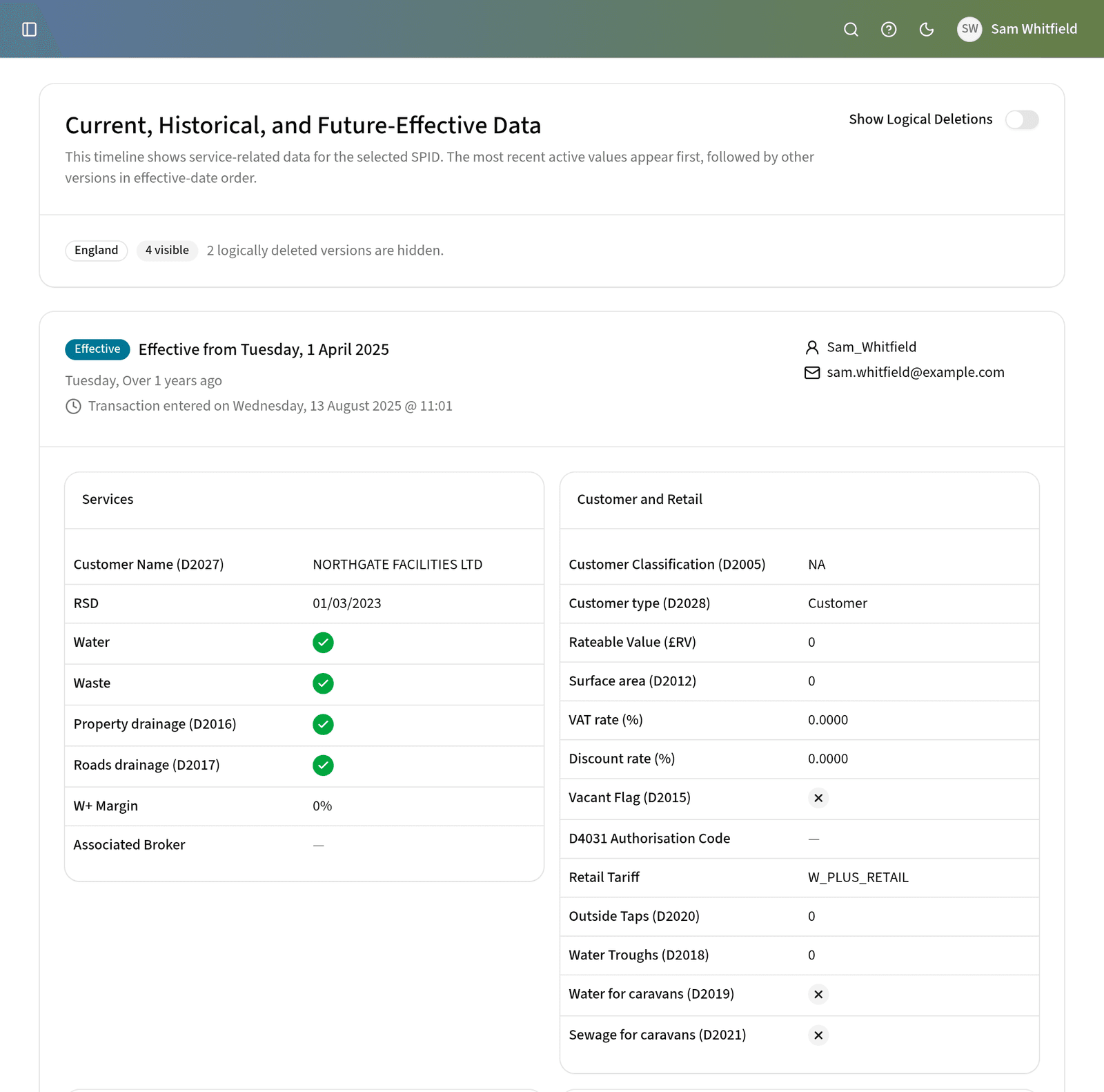 The current, historical and future-effective data for a SPID, showing the services and customer values effective from a given date and when the change was entered