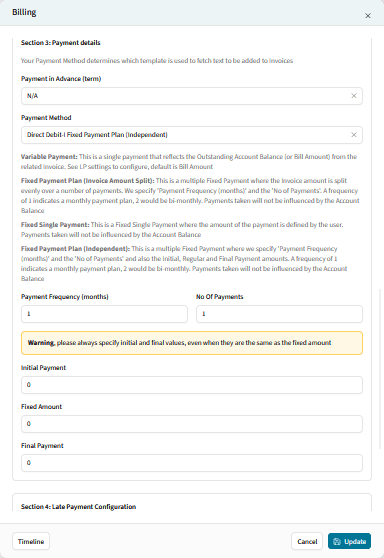The payment details in an account’s billing settings, with a Direct Debit fixed payment plan chosen and its payment frequency, number of payments, and initial, fixed and final payment amounts